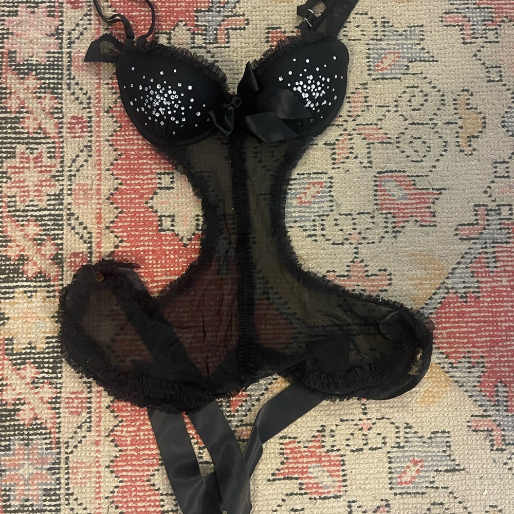 Victoria's Secret Black Sheer Bodysuit with White Accents